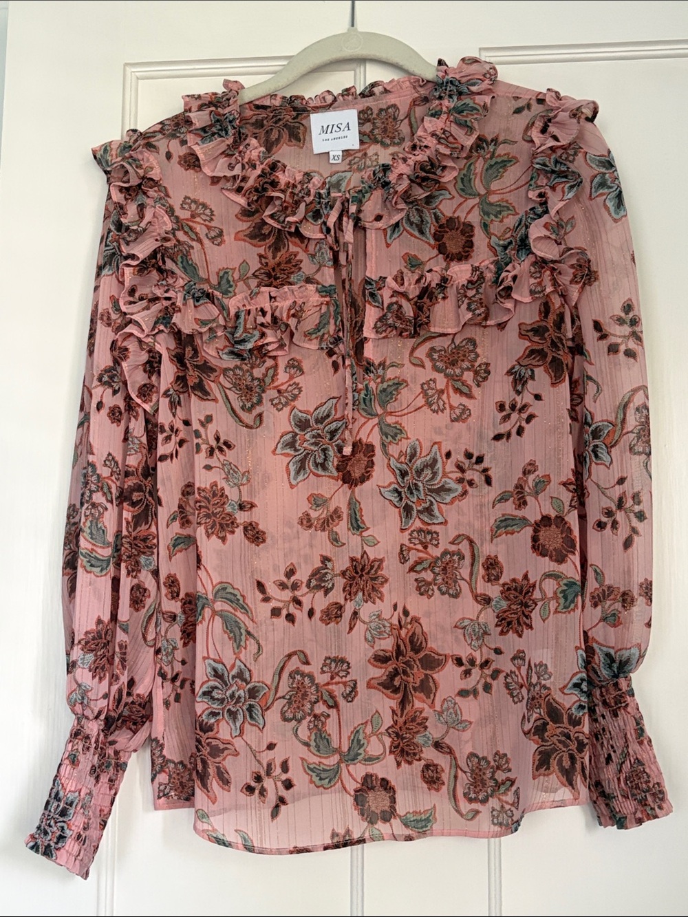 Misa Los Angeles Pink Floral Ruffle Peasant Blouse